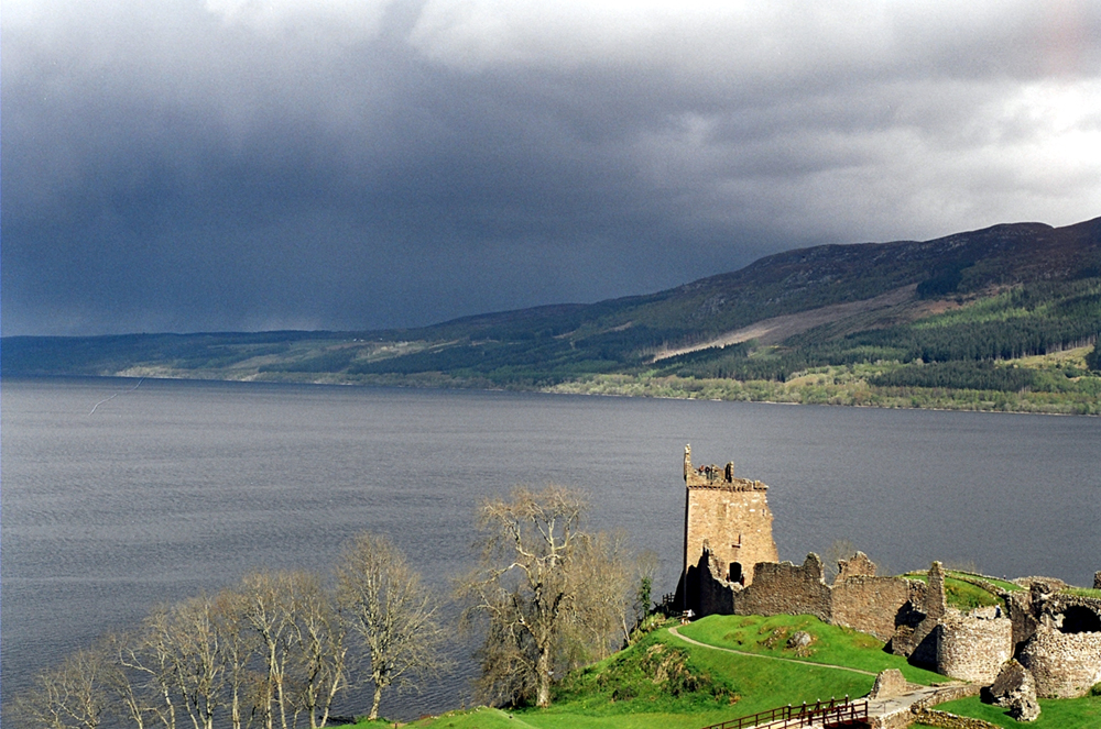 Loch Ness with dark waters and Highland scenery